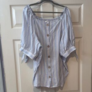 LC Lauren Conrad 4X White and Sky Blue Striped Button Front Blouse Summer Top